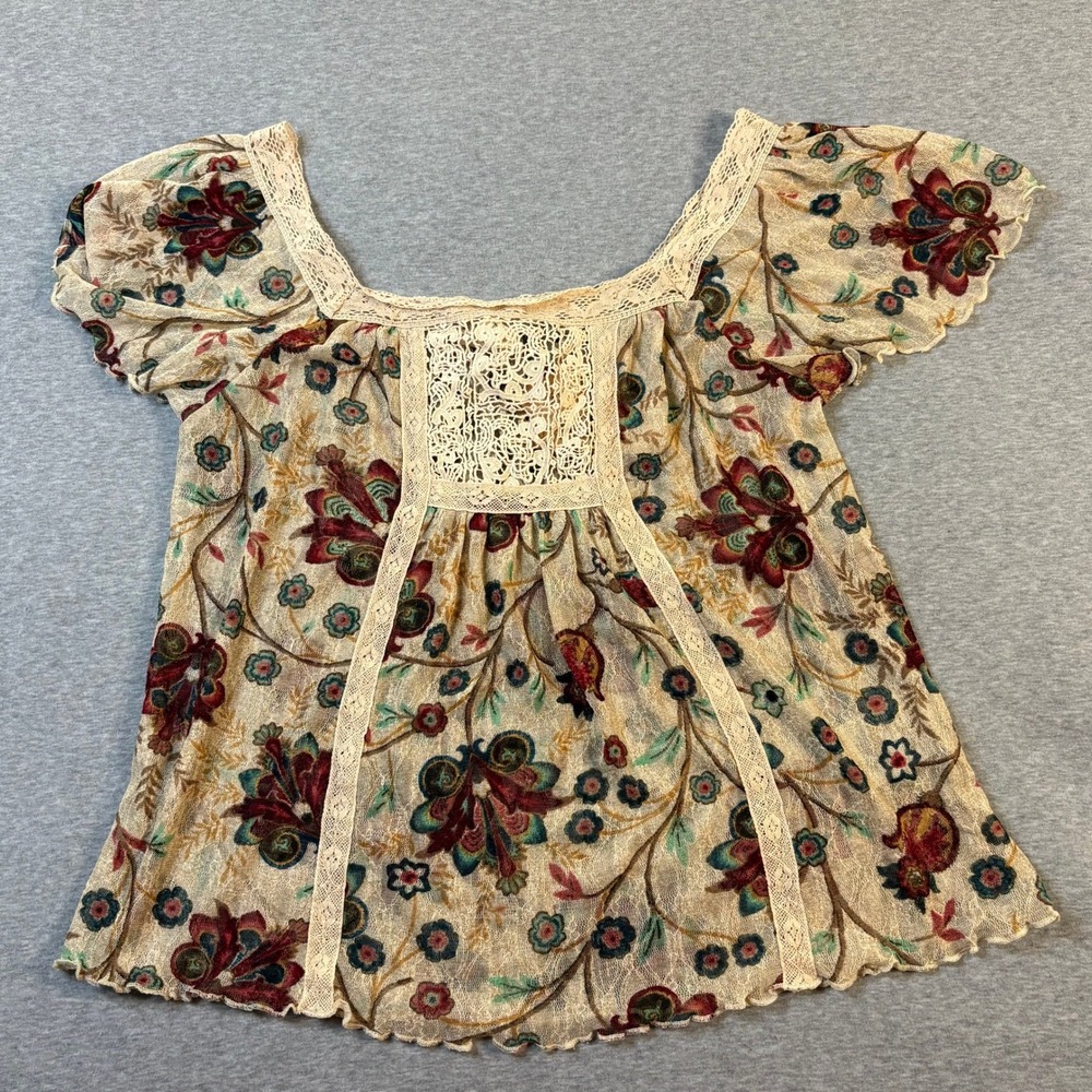Denim & Supply Ralph Lauren Floral Mesh Lace Peasant Top XS Burgundy Boho